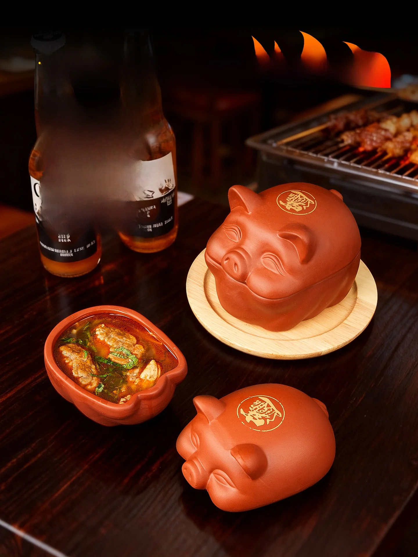 Cuenco de arcilla morada estilo caricatura creativo con diseño de cerebro y flor, plato cocotte para asar al carbón, utensilios para restaurante, banquete, fiesta, barbacoa