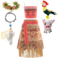 Moana Dress Kids Cosplay Girls Princess Vaiana Dress Children Birthday Party Costume with Necklace Pet Pig Chick Sets