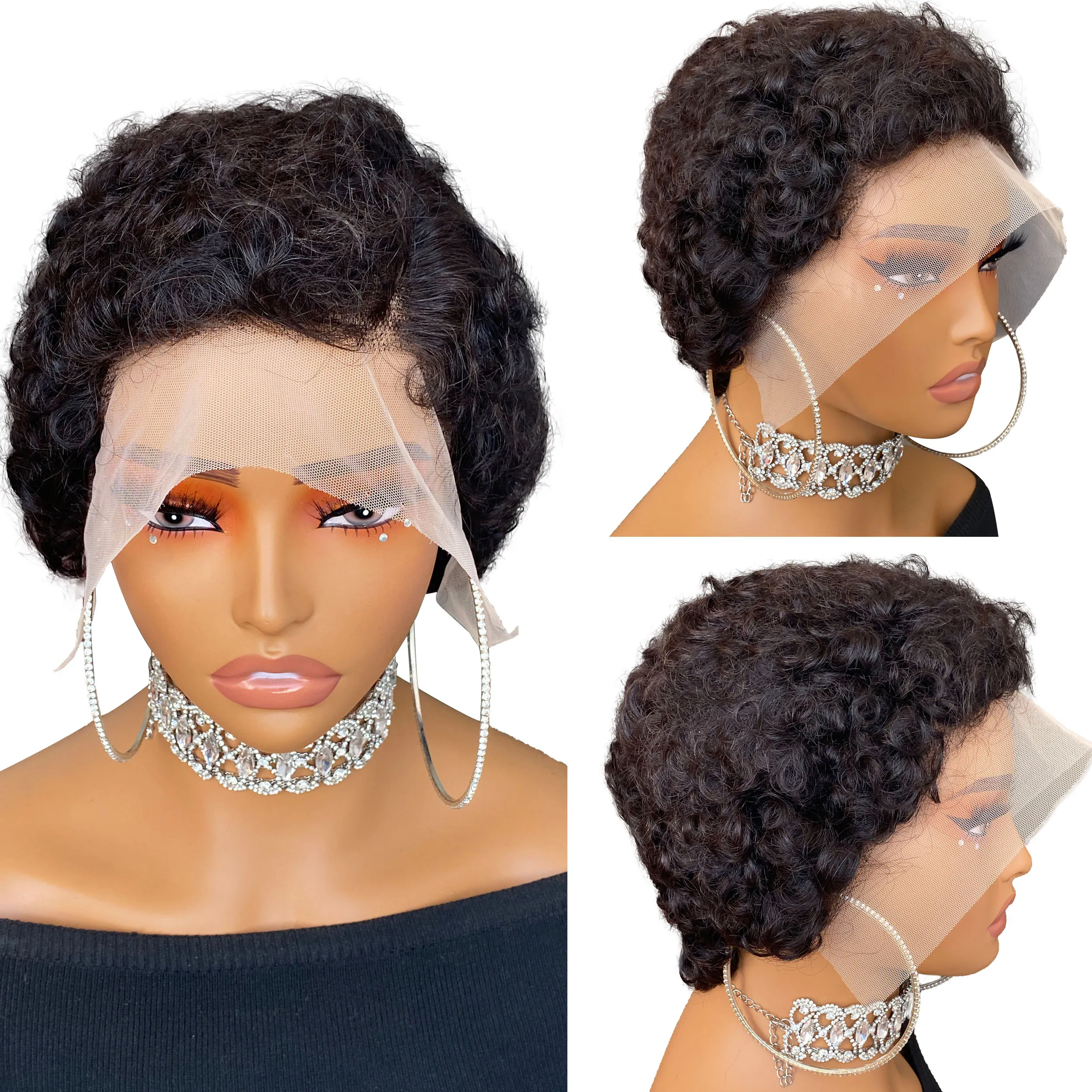 วิกผมบ๊อบสั้นทรงพิกซี่ ทำจากผมแท้  แบบลูกไม้ 13*4  ทรงแอฟโฟรหยิกฟูแบบบราซิล สำหรับผู้หญิง