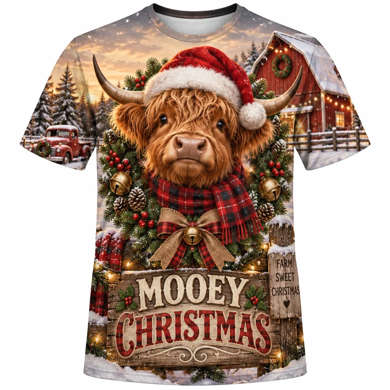 Funny Christmas Animal 3D Print T Shirt Men Women Cow Sloth Snowman Bear Reindeer Corgi Raccoon Penguin Short Sleeve Xmas Tee