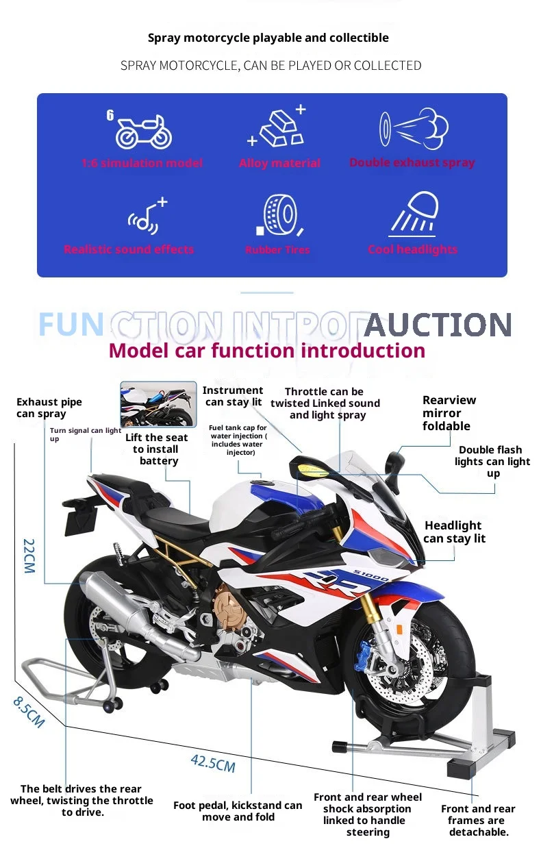 1:6 S1000RR نموذج دراجة نارية كبير مصنوع من خليط معدني مع ممتص للصدمات، مضيئة، سيارة لعبة قابلة للجمع، هدية للأطفال #3