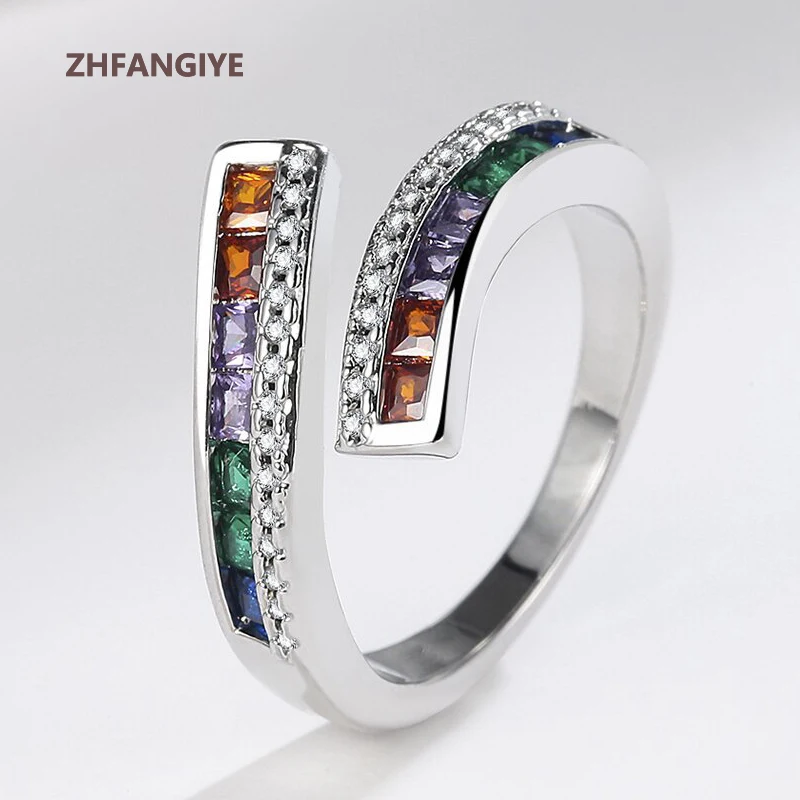 

ZHFANGIYE Korean Style Colorful Zircon Finger Rings 925 Silver Jewelry Accessories for Women Wedding Party Promise Bridal Gift