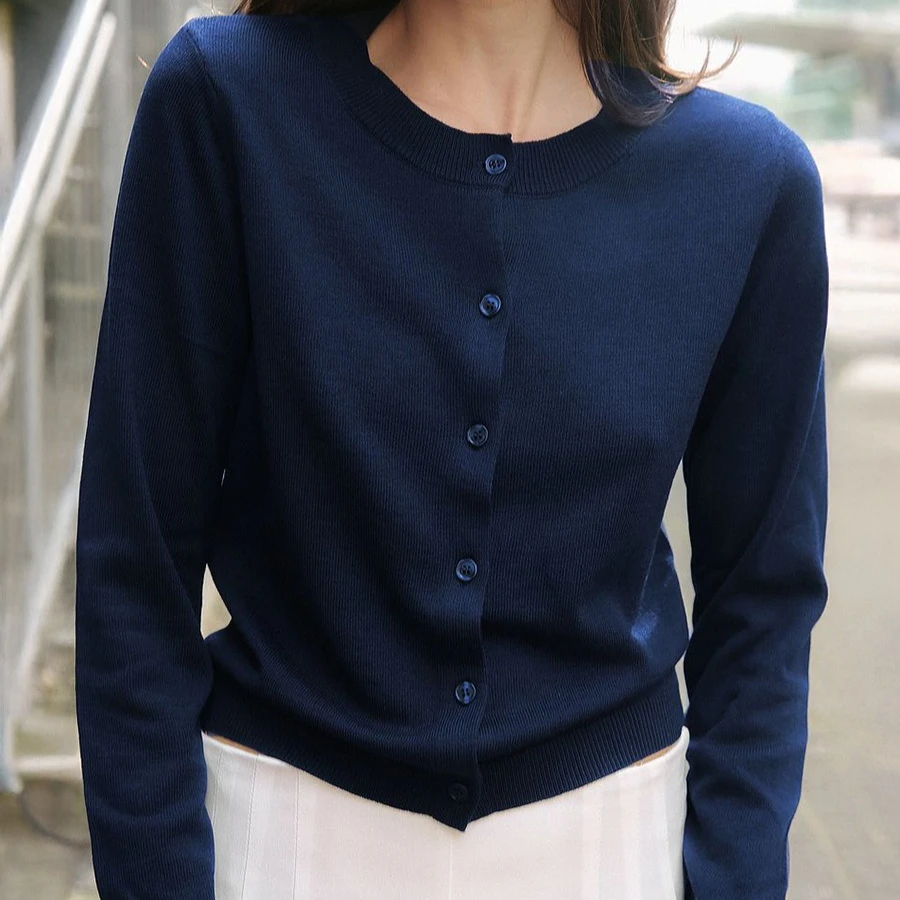 Cardigan Women Thin Coats Round Neck Jackets Full Sleeve Jumpers Y2k Streetwear Elegant Knit Open Stitch Casual Slim Fit Spring