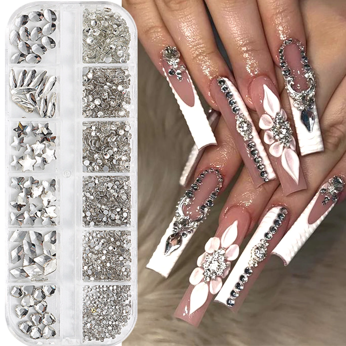 12칸 골드 핑크 섀도우 플랫백 라인스톤 글리터 네일 참 크리스탈 다이아몬드 네일 아트 장식 네일 액세서리