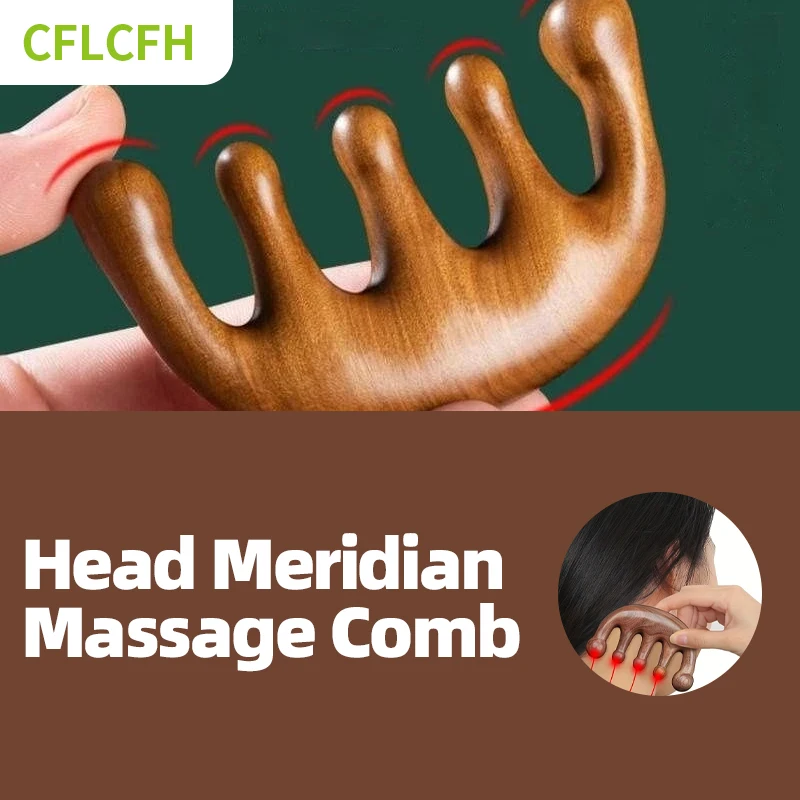 

5-Tooth Meridian Massage Comb Head Scalp Comb Body Acupuncture Therapy Gua Sha Acupoint Massager Sandalwood Wooden Tool