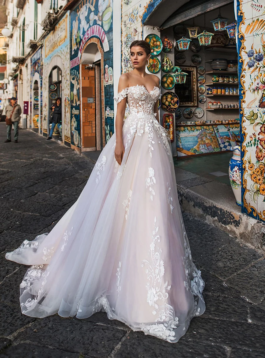 Illusion Brautkleider Tüll mit Spitze Appliques Sexy Weg Von der Schulter A-line Sommer Hochzeit Kleid vestido de noiva