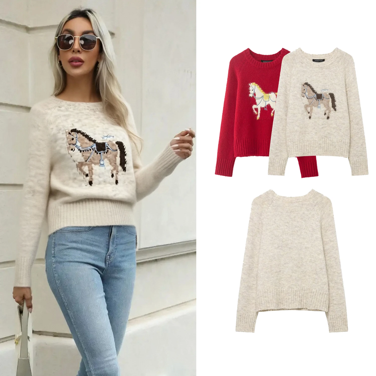 

Женский повседневный свитер с круглым вырезом на весну-осень, с длинным рукавом, вышивкой, вязаный пуловер, жаккардовый трикотажный топ для женщин