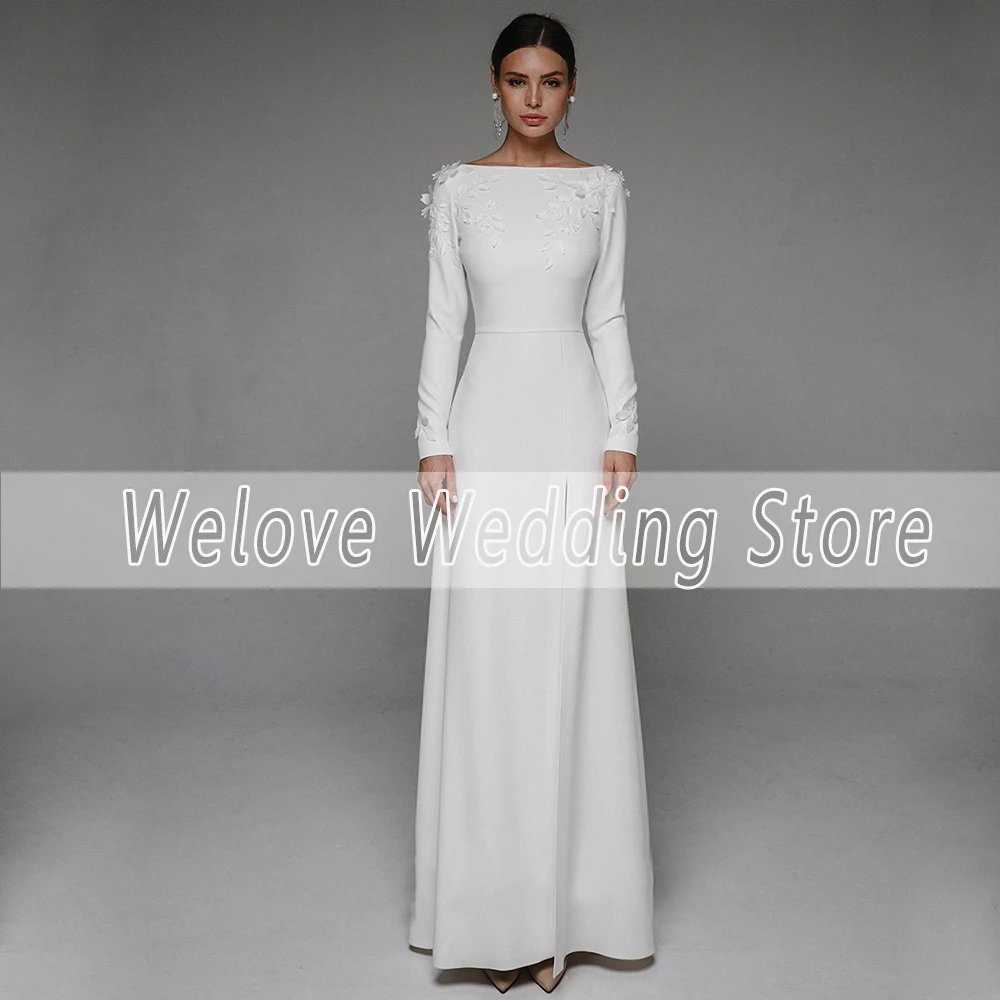 Vintage Civil Wedding Dress For Bride Long Sleeve Boat Neck Applique Floor Length White Bridal Gown Свадебное платье Backless