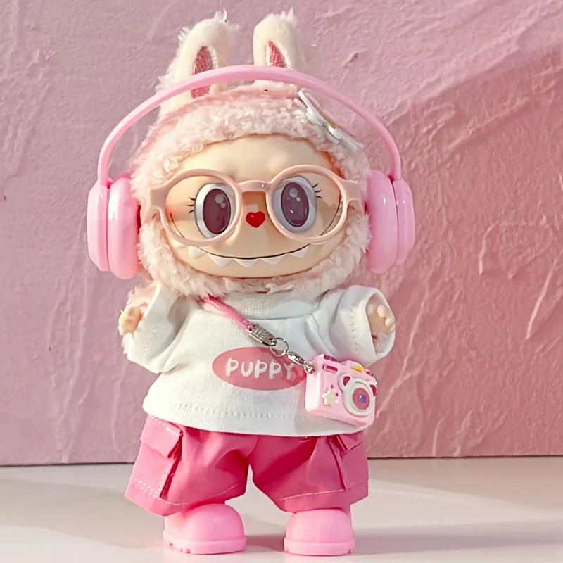 15-17cm 귀여운 Labubu 인형 옷 핑크 퍼플 이어폰 티셔츠 반바지 복장 의류 Labubu V1 V2 Diy 장난감 액세서리
