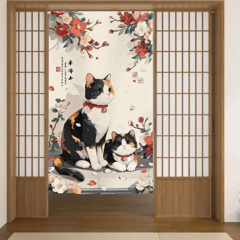 VIKAMA Calico Cat Door Curtain, Japanese Blossom & Pet Print Partition Curtain, Room Divider for Bedroom Entryway Decor