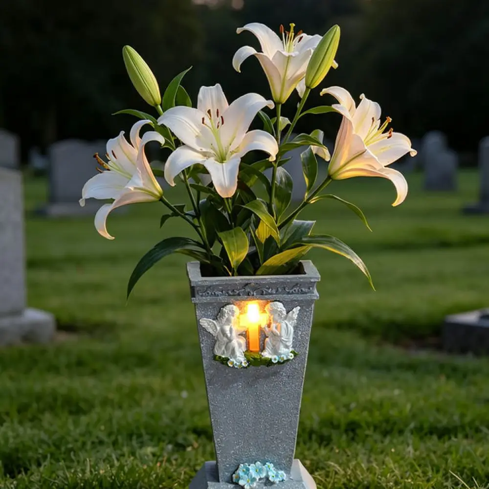 Memorial Grave Vase With Solar Angel Cross Figurine Outdoor Flower Holder For Cemetery Garden Backyard Remembrance