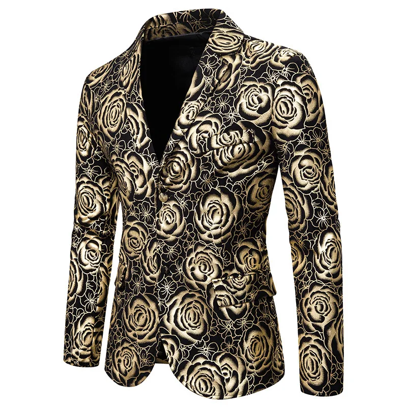 

HOO 2024 Men's Slim Fit Fashion Rose Bronzing Printed blazer Stage Performance Photo Studio Photography blazer