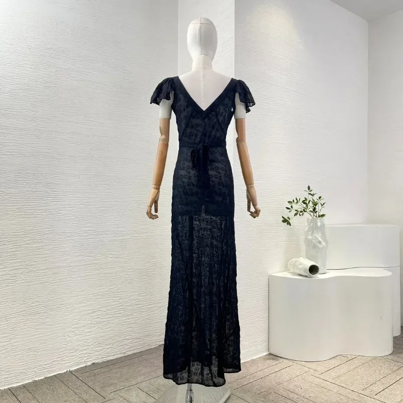 Top Quality Silk Elegant Black See Through Sexy Embroidered Flying Sleeves Lace Patchwork Women Midi Dress