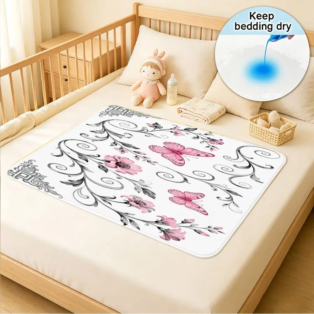 Washable & Reusable Care Urine Pad, Black Swirls Pink Butterflies And Floral Designs, Incontinence Bed Pad for Adults & Elderly