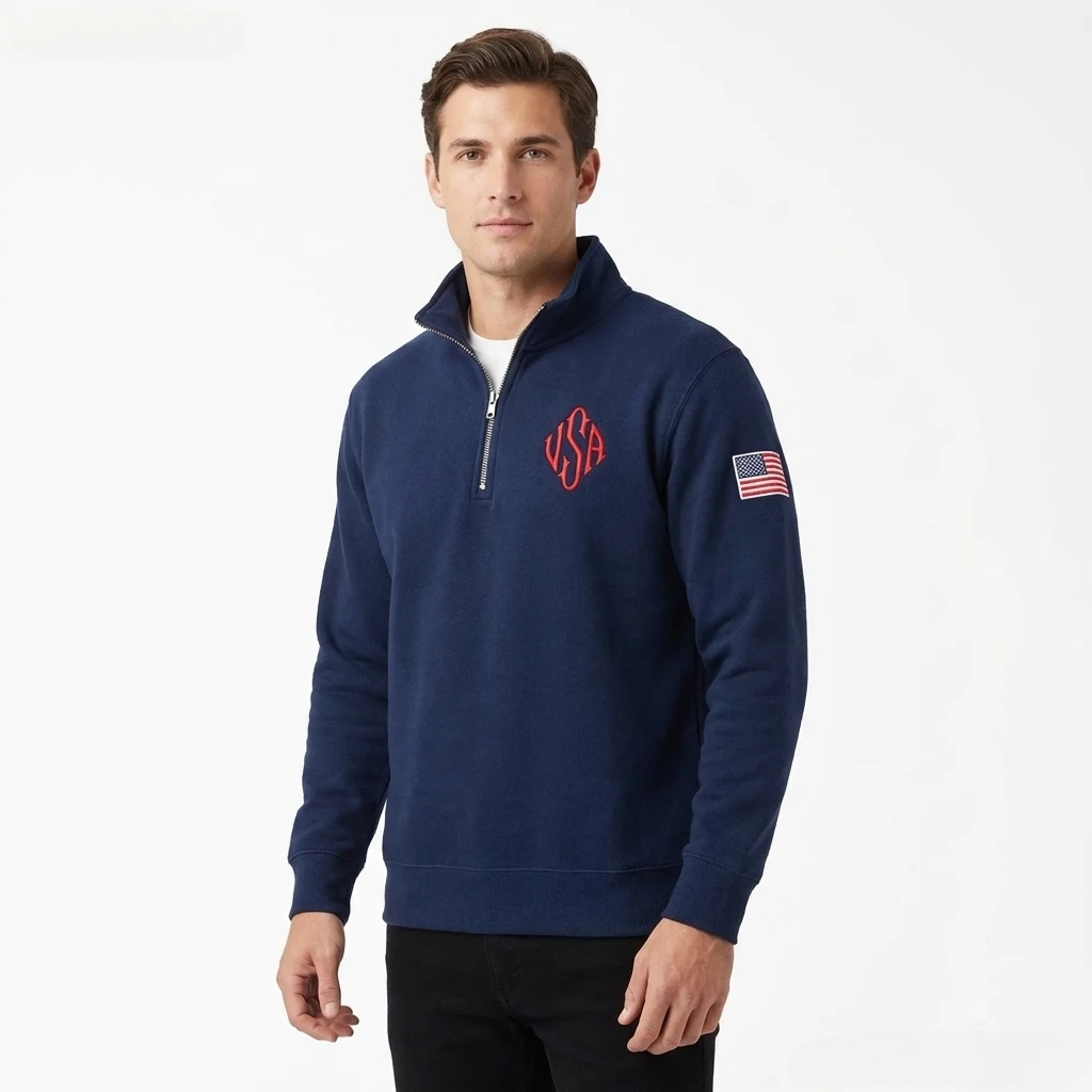 Quarter Zip Sweatshirt Y2K Navy Blue USA Embroidered American Flag Patchwork Jacket Men Women Retro Street Fashion Trend Top