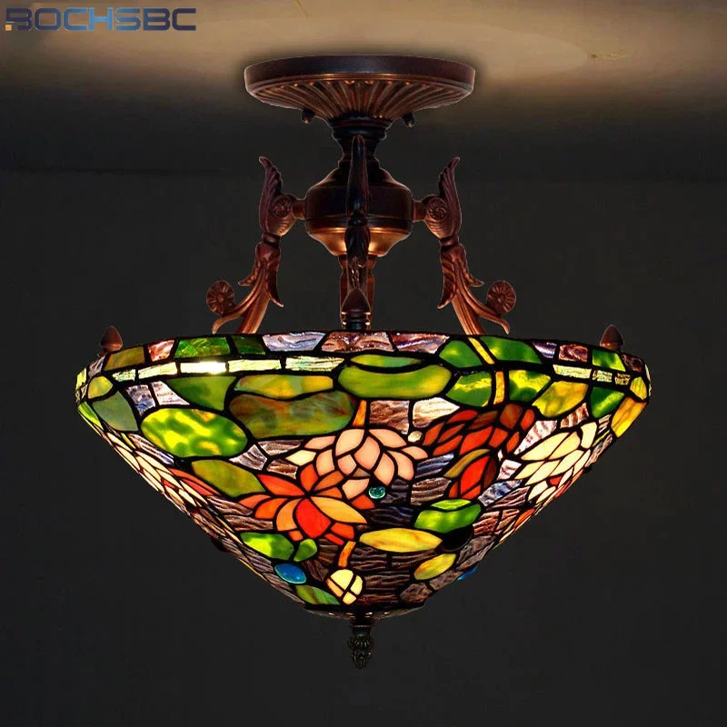 BOCHSBC Tiffany Table Light Stained Glass Table Lamp Lotus Flower European Bedroom Bedside LED Table Lights