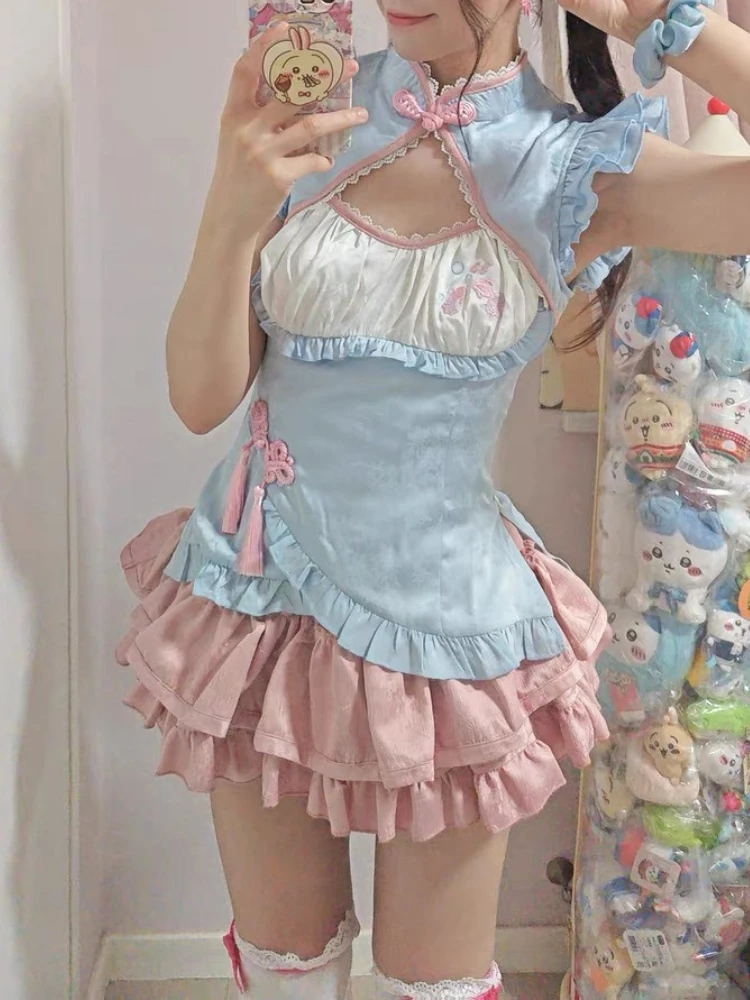 ใหม่Elegant Sweet Retro 2 ชิ้นชุดชุดสตรีแขนกุดเอวSlim Top + มินิโบว์เค้กกระโปรงHarajuku Kawaiiฤดูร้อนชุด 2025