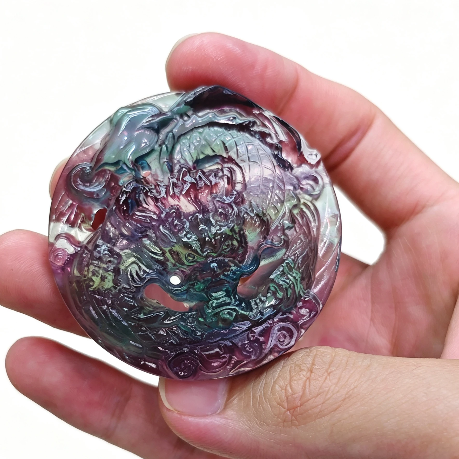 Natural Rainbow Fluorite Carved Dragon Disc Figurine Chinese Gemstone Statue Home Office Table Decor Gift Random Dispatch 1 Pc