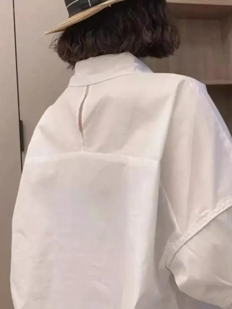 Ele Casual Biała Ochrona Przed Słońcem irt Damska Letnia Cienka Luźna Plus Size Wyszczuplająca Bluzka 7/8 irt