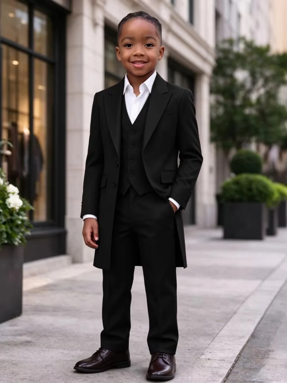 2027 New Kids Long Jacket Vest Pants Suit Set 3 Pieces Wedding Guest Outfit Handsome Peak Lapel Boys Suits For Birthday Party