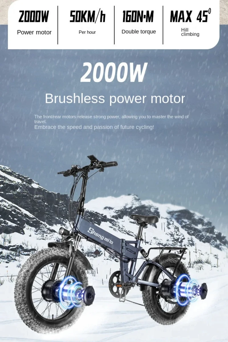 Mountain Electric Bicycle MX21 2000W Motor 48V15AH Removable Battery 20*4.0 Fat Tire Snow Electric Bike Foldable City E-Bike