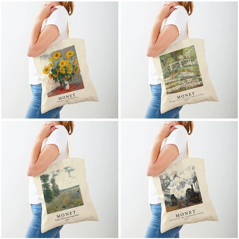 Impressionism Artist Claude Monet Shoulder Shopper Bag Women Shopping Bags Double Print Casual Lady Canvas Tote Handbags