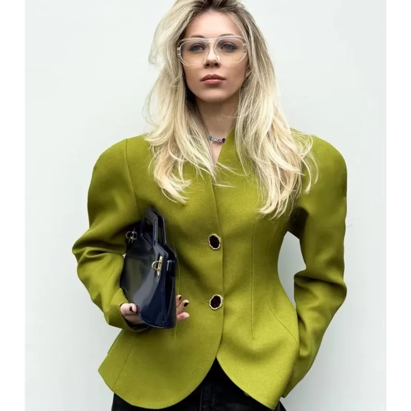 Peplum Slimming Tailored V Neck Blazer Women Suit Jacket Metal Button Ladies Outerwear Elegant Office Coat Slim Fit Workwear