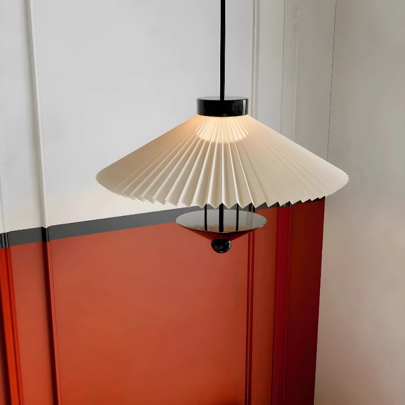 Retro Creative Circular Pleated Fabric Pendant Light Living Room Bedroom Dining Room LED Bedside Indoor Decoration Hanging Lamp