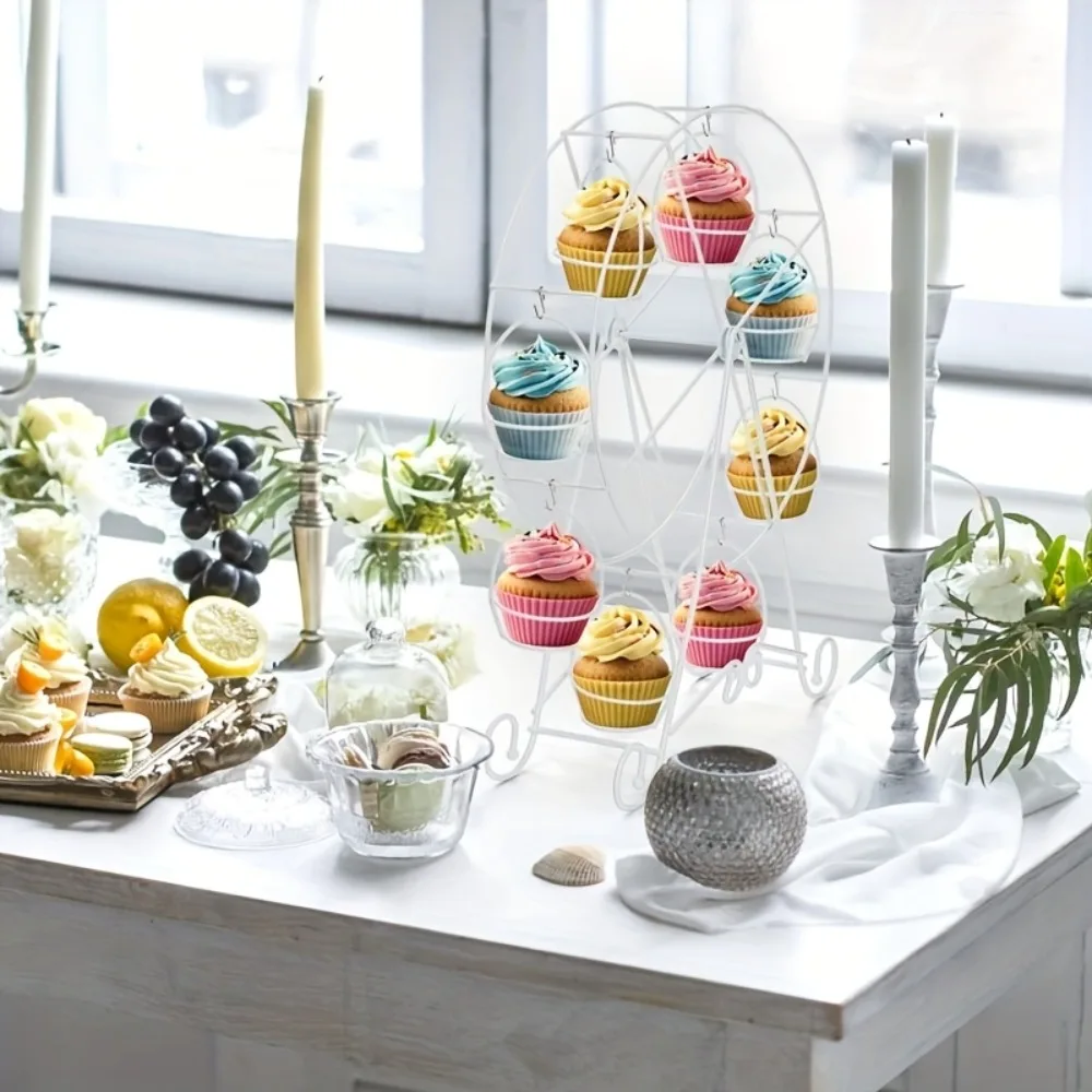 Ferris Wheel Cupcake Stand 360 Degree Rotatable Metal Dessert Tray Desktop Decoration 8-Cup Rotating Cupcake Display