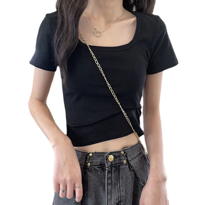 Square Neckline Korean Fashion Crop Tops Women Kpop Sexy Slim T-shirts V2K Vintage Tees Shirts Kawaii Cheap Clothes Woman Tshirt