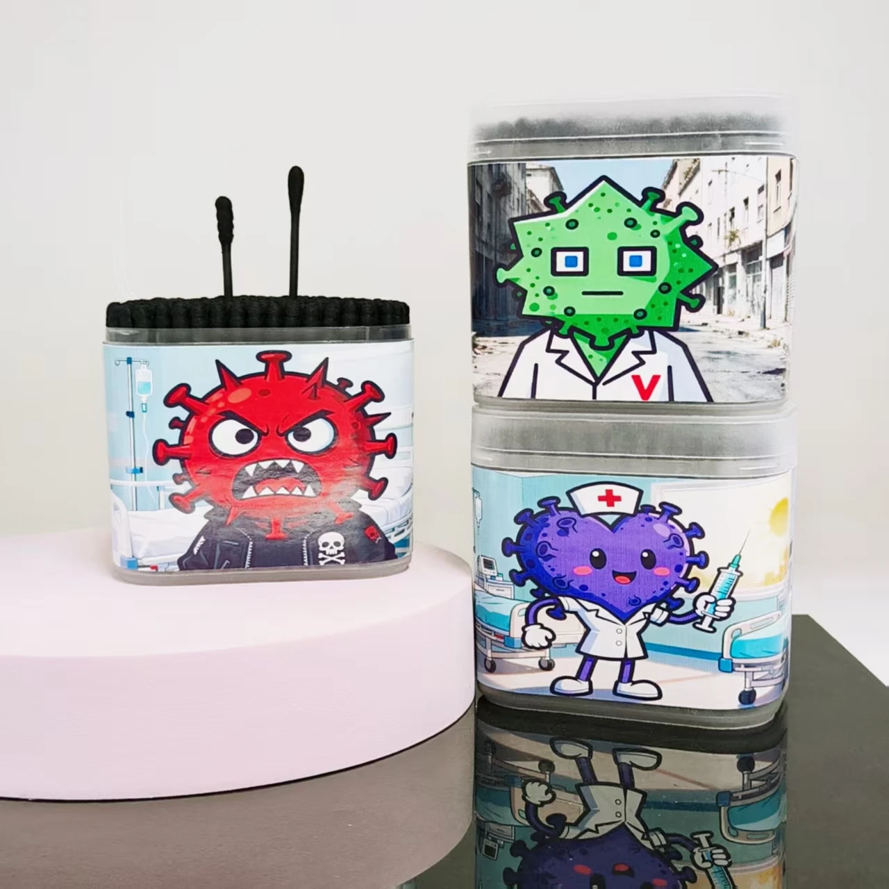 600 Uds (3 cajas) hisopo de algodón con patrón de tema de virus médico hisopo de algodón de doble cabeza negro hisopo de algodón de regalo de vida