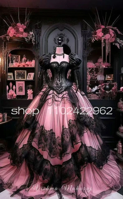 Black Pink Gothic Victorian wedding for Women Puffy Long Sleeve Bustle  corset fairy bridal gown halloween costume - AliExpress