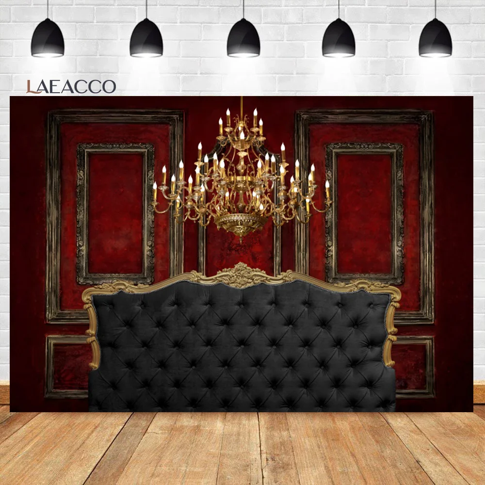 

Laeacco Empty Room Red Floor Classic Headboard Interior Background Wood Pannel Door Wedding Party Portrait Photography Backdrop