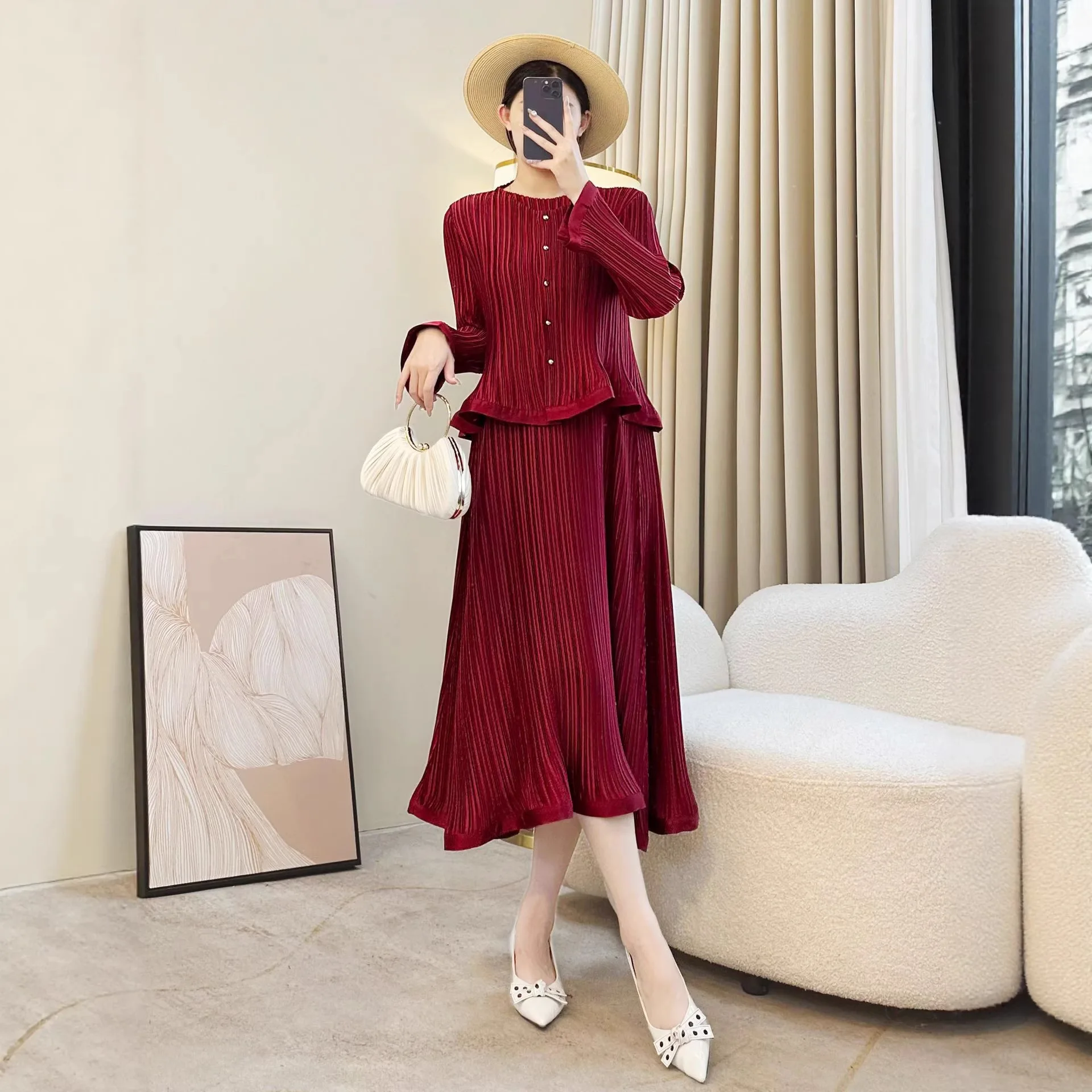 

Miyake Pleated 2026 New Spring and Fall Ruffled Dress Set Elegant Temperament Fashion Simple Two-piece Loose Wear A Whole Set Of
