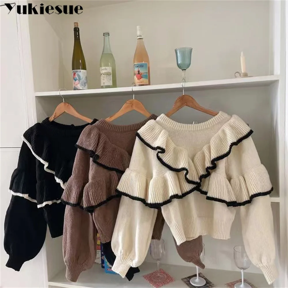 Ruffled Black Knitted Sweater Women Fashion Vintage Lantern Sleeve Female Elegant Cardigan Chic Retro Knitwear Korean Sweet Coat