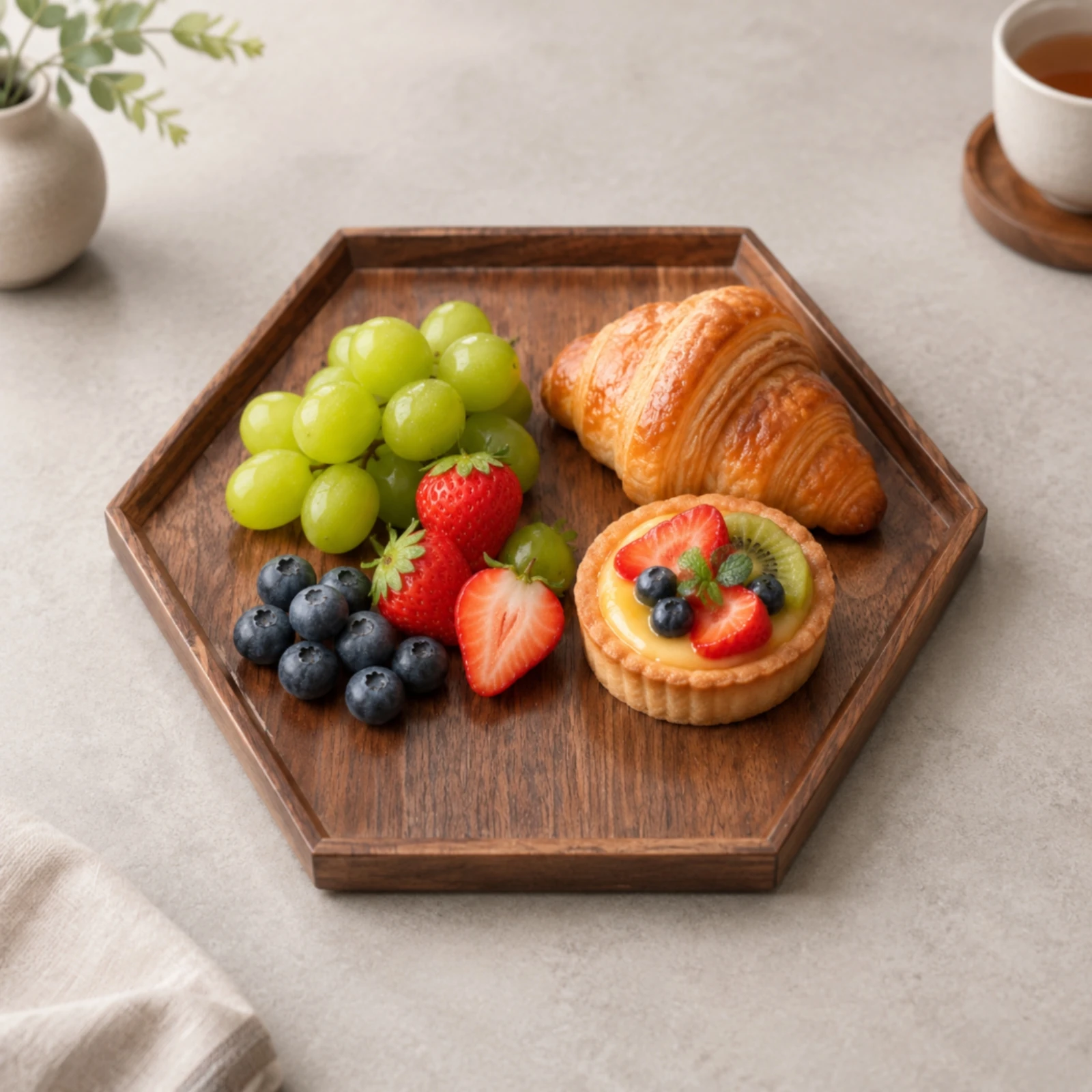 Black Walnut Serving Tray Natural Wood Grain Hexagonal Wooden Serving Tray Dark Brown Finish Multipurpose