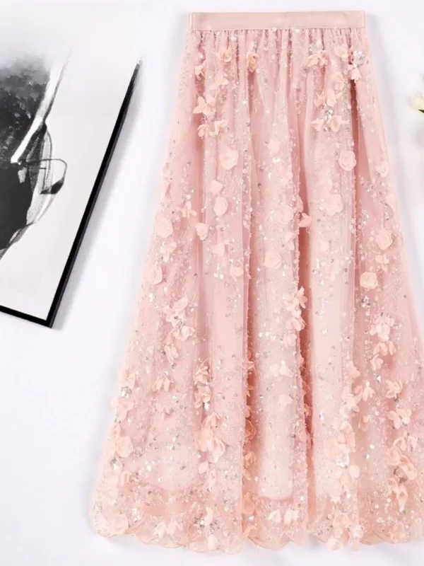 

Spring Faion Elastic Waist Lace Skirt Long Skirt Me Gown Floral Sequins Sweet Fairy T Large Flounce Skirt f-length