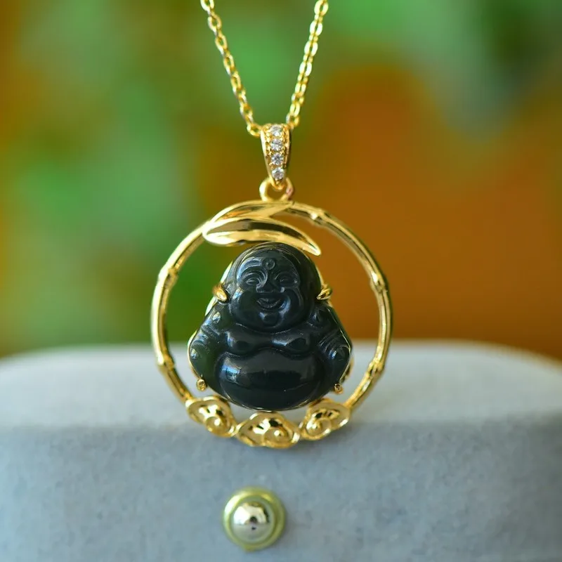 

Copper Inlaid Hetian Jade Sapphire Buddha Head Fashionable Simple Jade Pendant