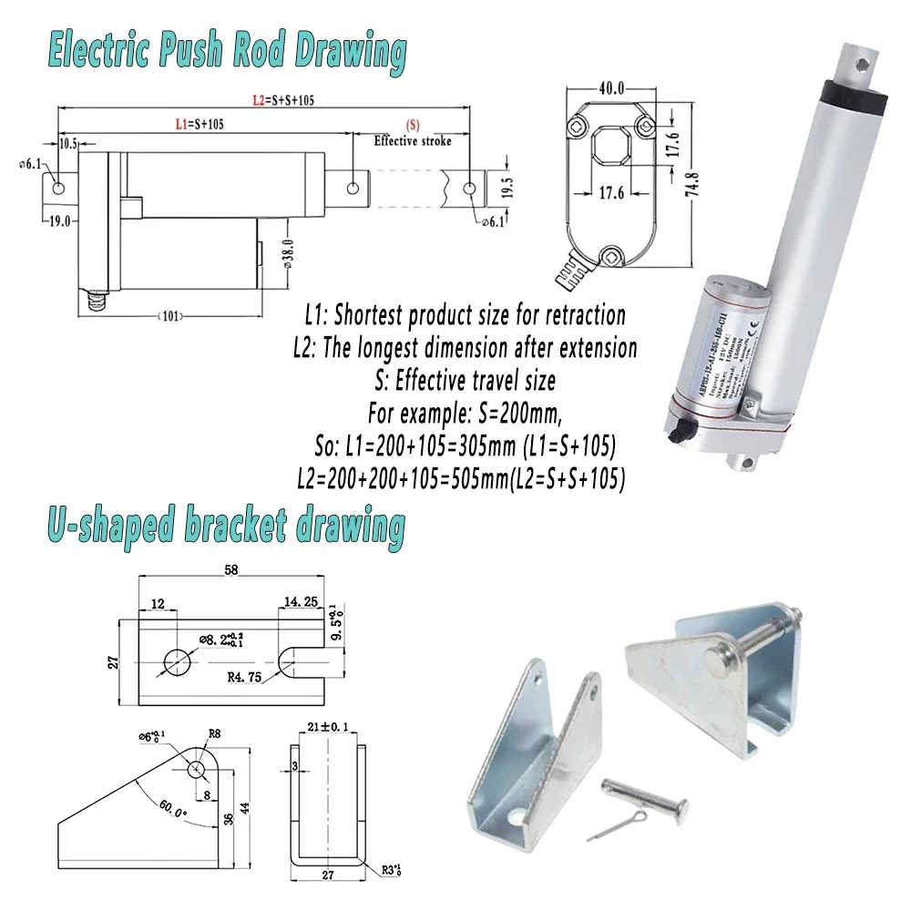 Electric Push Rod Motor DC12V/24V High Thrust 100kg Stroke 100/300/500Mm Linear Actuator for Automation Equipment