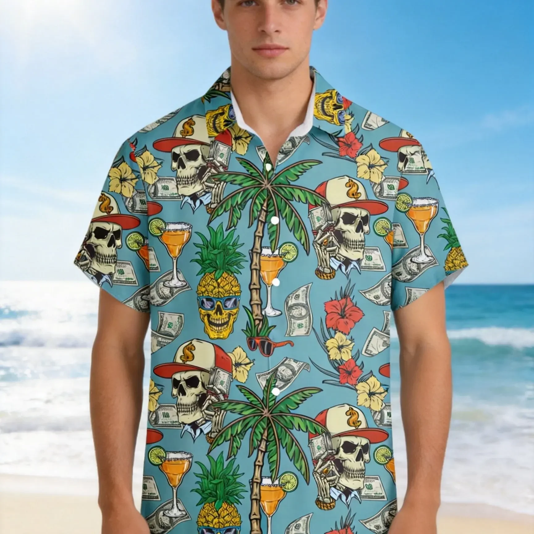Viral Men Loose Short Sleeve Shirts Various Gothic Satanic Bat Tropical Palm Floral Cat Prints Turn-Down Collar Holiday Wear