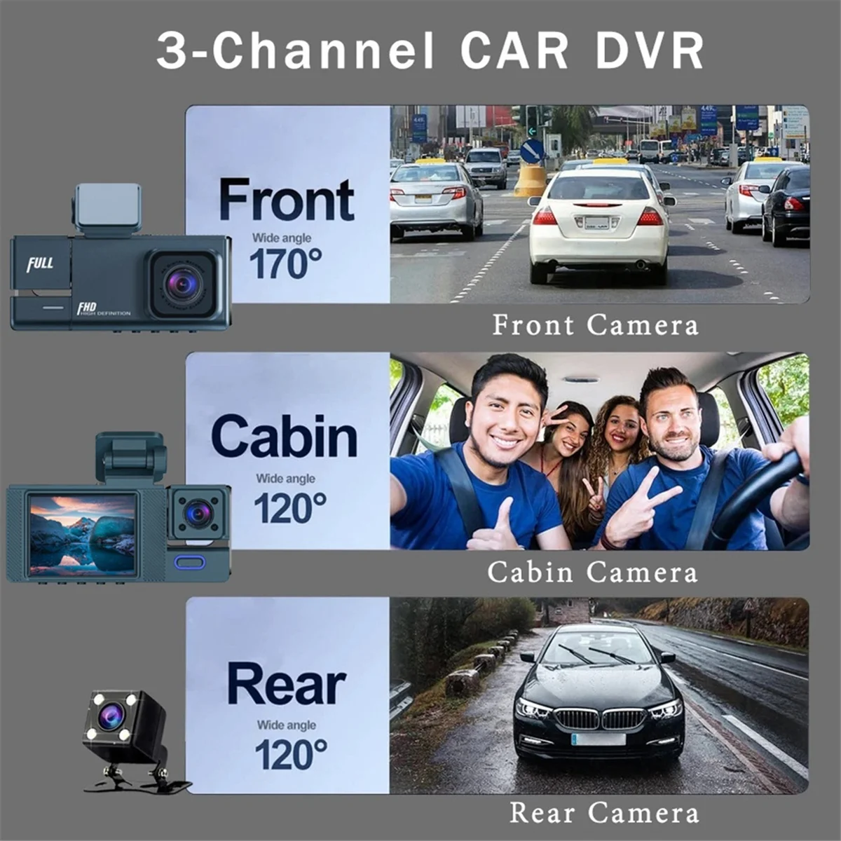 HD 1080P Car Recorder Car 2 Inches Display Three Lenses with the Same Display with Reverse Image Car DVR Recorder