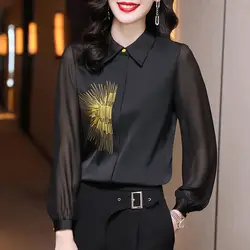 Office Lady Elegant Chiffon Shirt Spring Summer New Woman Long Sleeve Lapel Cardigan Gauze Embroidery Chic Fashion Female Blouse