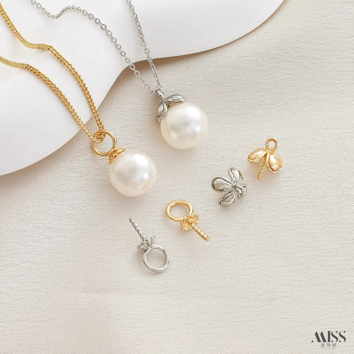 14K Gold Plated, Half-hole Pearl Pendant Base, Floral Bead Holder, Large Hole Sheep Eye Connector, DIY Jewelry Accessories