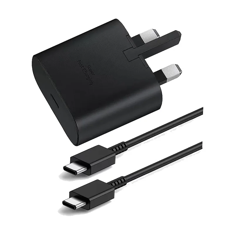 Зарядное устройство для мобильного телефона USB-C с британской вилкой 25 Вт и двойным кабелем Type-C длиной 1 м, сверхбыстрая зарядка для Samsung S23 Ultra/S24/S25