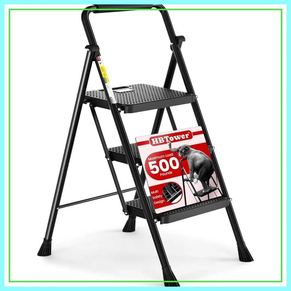 

3 Step Folding Stool, Wide Anti-Slip Pedal, Sturdy Steel Frame with Handrail, Lightweight Portable Ladder