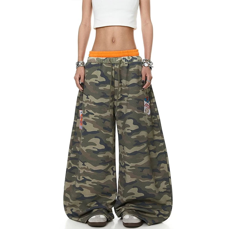 2026 Women Embroidered Camo Sweatpants Lady Vintage Contrast‑Color Waistband Hip‑Hop Streetwear Wide‑Leg Sports Trousers