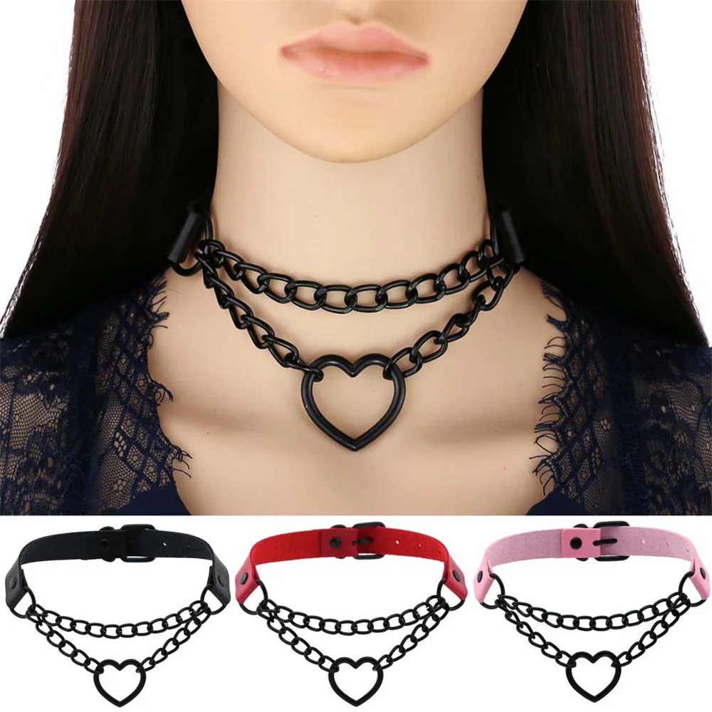 1PC Punk Rock Gothic PU Leather Necklace Heart Chains Collar Studded Choker Chain Necklace Handmade Body Jewelry Gift