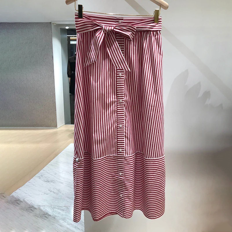 

Spring Summer 2020 M Home Pink Stripe Pure Cotton Single Button Open Cardigan Strap ter Ne Top with Belted Skirt Set