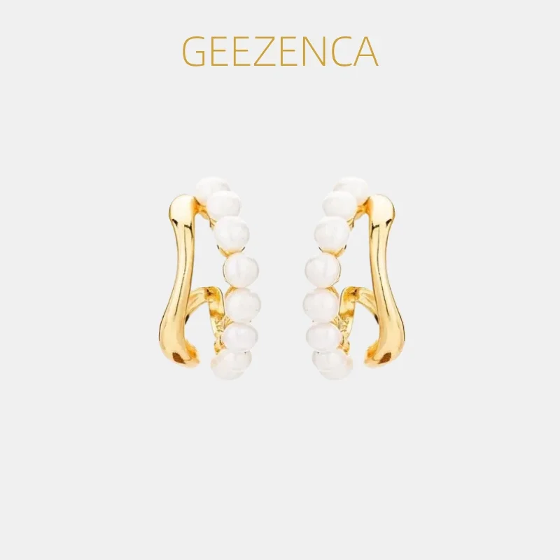 GEEZENCA Pearl 925 Sterling Silver Hyperbola Curve Hoop Earrings Women Dainty Lightweight Trendy Stack Small Earring Love Gift