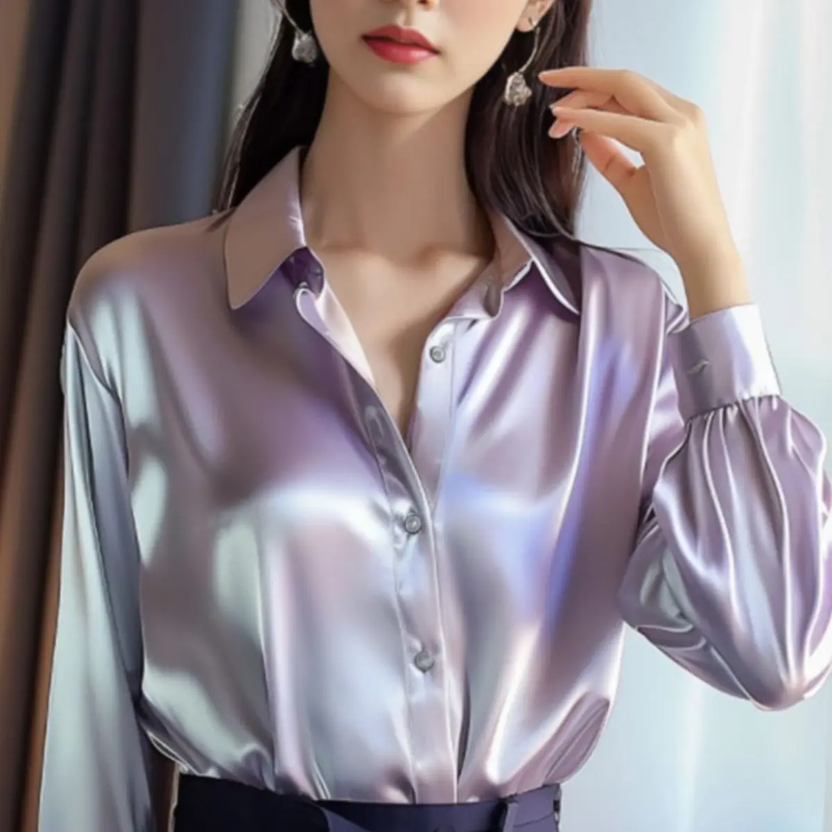 

New Lavender Purple Thin Shirt for Women Long Sleeve Elegant and Gentle Suitable for Workplace Fashion Simple Versatile Blouse